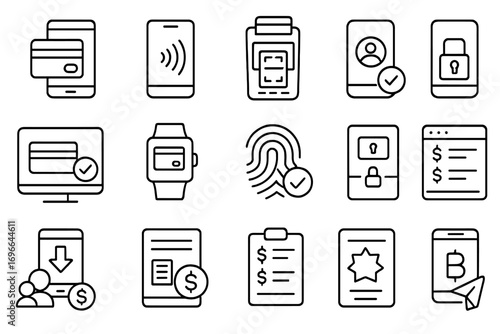 Digital banking linear icon set. banking, finance, tech icons in outline style