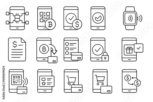 Cryptocurrency and finance icon set. mobile payment, banking, trading line icons