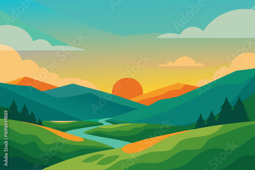 Scenic landscape with mountains river and sunset glow