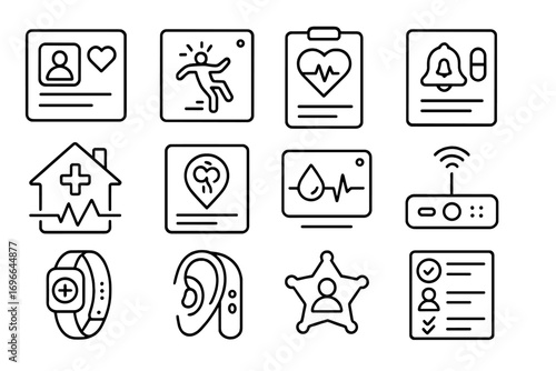 Healthcare, medical outline icon set. Telemedicine, monitoring, wearable, patient line icons. Vector icons.