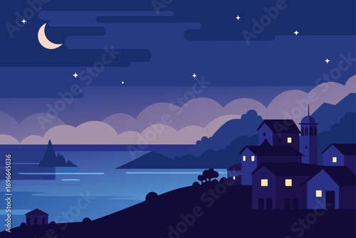 Night scene with moon stars and coastal village view