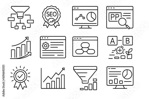 Marketing analytics line icon set. seo, growth, data analysis linear icons collection