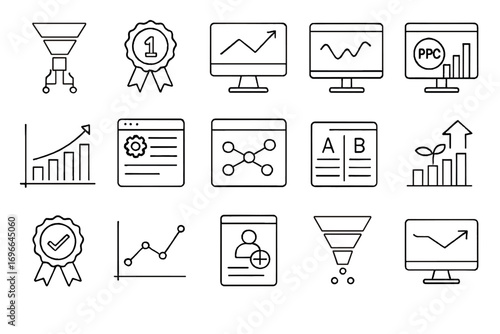 Marketing and analytics line icon set. digital tools, ppc, and seo metrics outline collection