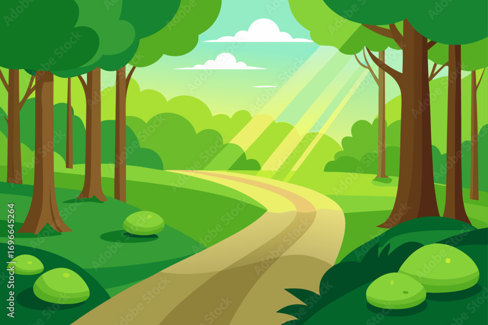 Fototapeta premium A path through the green forest with sunlight beams