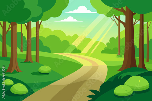 A path through the green forest with sunlight beams