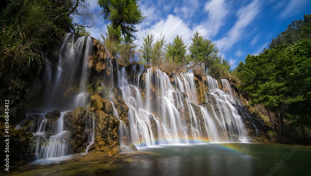 Fototapeta premium Beautiful Waterfall Landscape with Rainbow in Tranquil Setting Outdoors