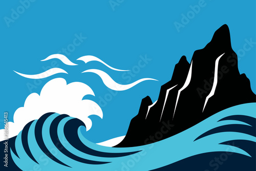 Ocean scene with mountain and wave illustration art