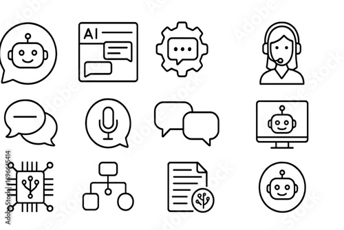 Ai and chatbot line icon set. virtual assistant, communication symbols outline