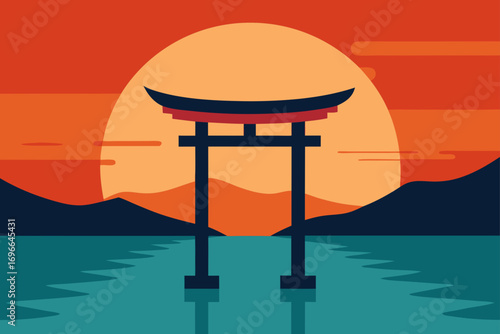 Torii gate silhouette at sunset over calm water