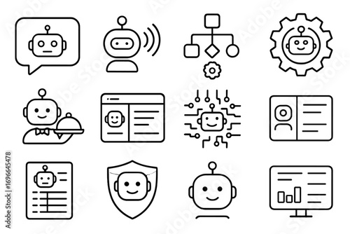 Chatbot, robot outline icon set. Conversation, AI assistant, automation, bot line icons. Vector icons.