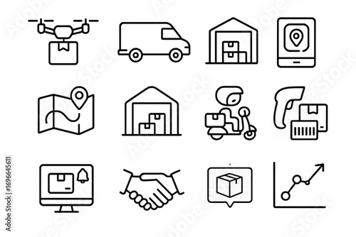E-commerce delivery line icon set. shipping, warehouse, tracking icons outline style