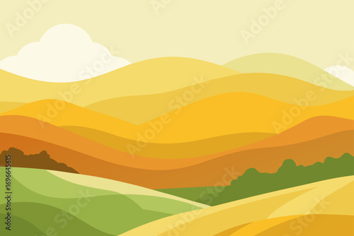 Illustration of rolling hills with trees and clouds
