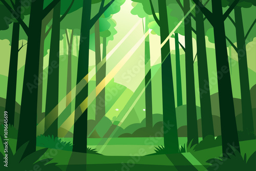 Illustration of a dense green forest with sunlight