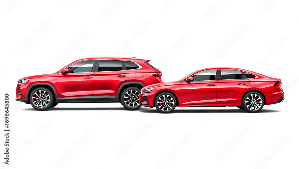 Naklejka premium side view of red SUV view of red sedan car isolated on white background no shadowsn car isolated on white background