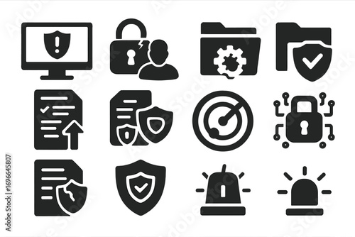 Security and privacy solid icon set. protection, shield, lock symbols collection