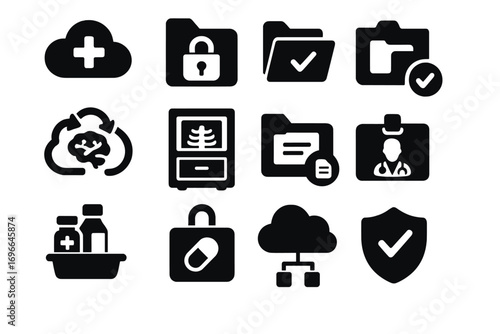 Medical, security silhouette icon set. healthcare, data protection simple icons