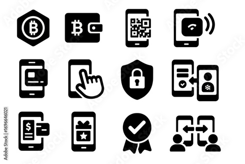 Cryptocurrency transactions solid icon set. bitcoin, wallet, security, payment, qr, mobile