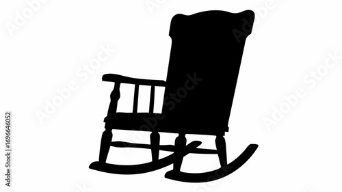 A silhouette of a rocking chair with a high back and curved rockers on a white background in simple style
