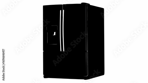 A minimalist black and white illustration of a modern side by side refrigerator with a water dispenser