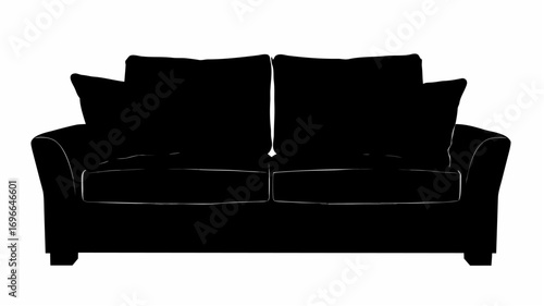 Two seater sofa with cushions in solid black against a white background in a simple minimalist style