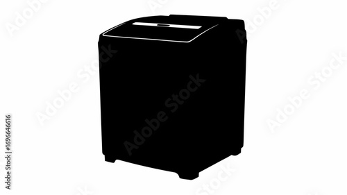 A black and white illustration of a washing machine featuring a top loading design and a sleek rectangular shape