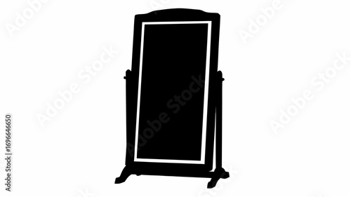 A silhouette of a full length cheval mirror with a rectangular frame and a stand on a white background