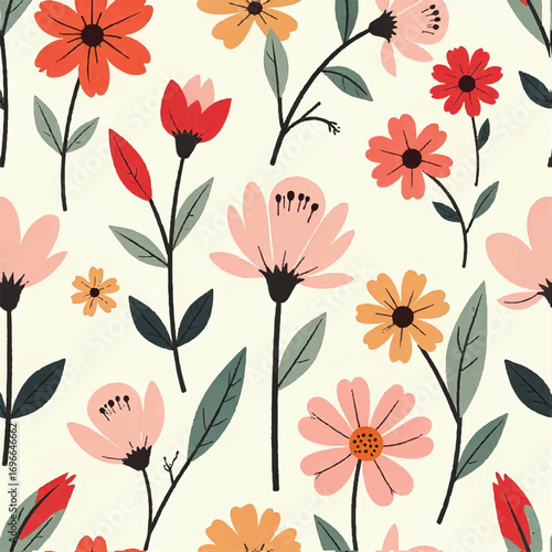 Seamless floral pattern, fabric style, hand-drawn background design 