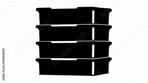 A silhouette of a stack of four black plastic storage bins with lids neatly arranged on top of each other