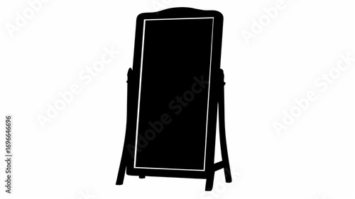 A silhouette of a full length cheval mirror with a rectangular frame and a stand on a white background