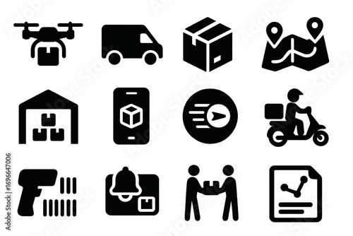 Delivery, logistics solid icon set. Package, truck, warehouse, shipping solid icons. Vector icons.