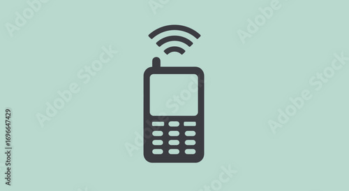 A clean, minimalist dark grey icon of a vintage mobile phone with a wireless signal, presented on a light green background, symbolizing classic communication technology.