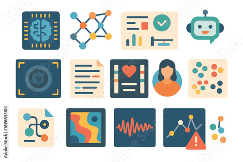 Artificial intelligence, neural network flat icon set. Robot, chip, data, science flat icons. Vector icons.