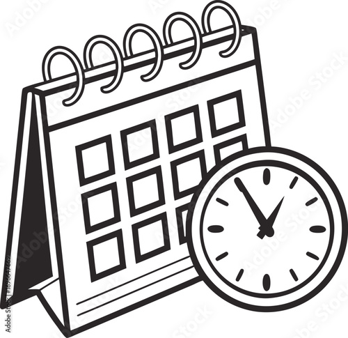 Vector art of black and white illustration of a desk calendar and a clock, symbolizing time and scheduling