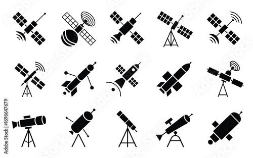 Vector art of collection of satellite and telescope icons set of space exploration and observation equipment in simple black silhouette style for graphic design