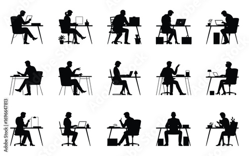 Vector art of collection of people working at desk silhouettes set of diverse men and women in office environment for graphic design and presentations