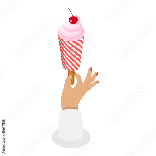 3D Isometric Flat Vector Set of Hands Holding Ice Creams, Food To-go, Cold Frozen Summer Dessert. Item 5