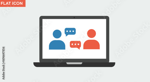 A flat icon design depicting two stylized figures engaged in a virtual conversation on a laptop screen, representing online communication or video conferencing.