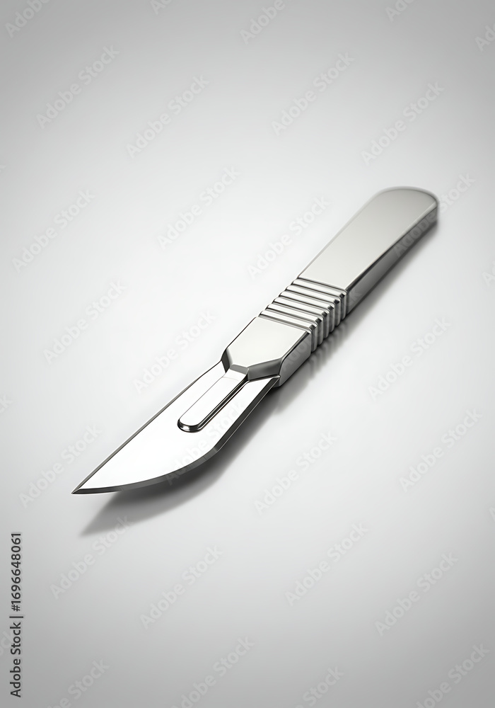 Obraz premium A close-up, high-angle shot of a shiny silver surgical scalpel with a sharp blade on a clean white background.