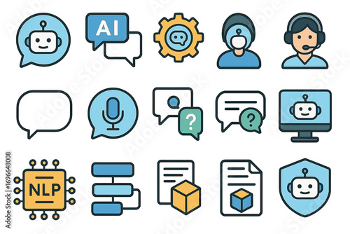 Chatbot, ai, communication line icon set. virtual assistance, nlp technology icons
