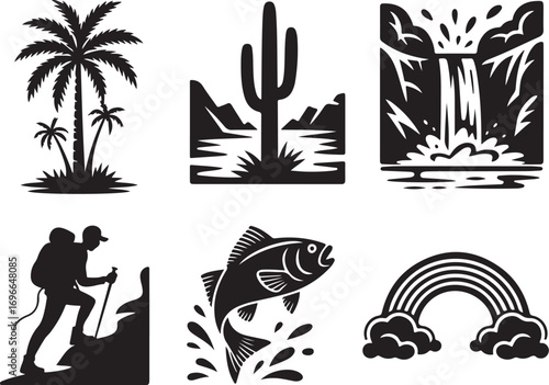 Adventure icons jungle, desert, waterfall, hike, fish, rainbow