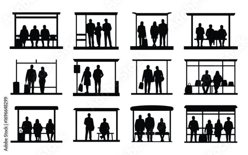 Vector art of collection of silhouettes depicting people waiting at bus stops, , showing various groupings and postures under shelter