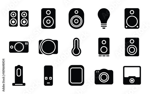 Vector art of collection of electronic device silhouettes, includes speakers, cameras, light bulb, thermometer, remote, and tablet for techrelated designs
