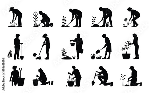 Vector art of silhouette of people gardening set of black and white vector illustrations of men and women planting and cultivating plants