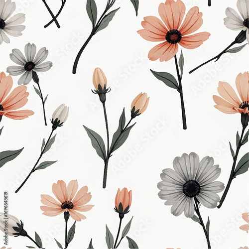 Seamless floral pattern, fabric style, hand-drawn background design 
