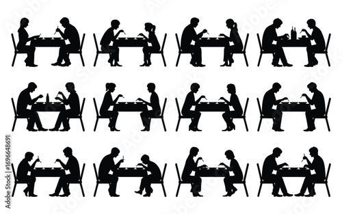Vector art of silhouette of people dining at tables, a collection of various silhouettes depicting individuals enjoying meals at tables in different poses