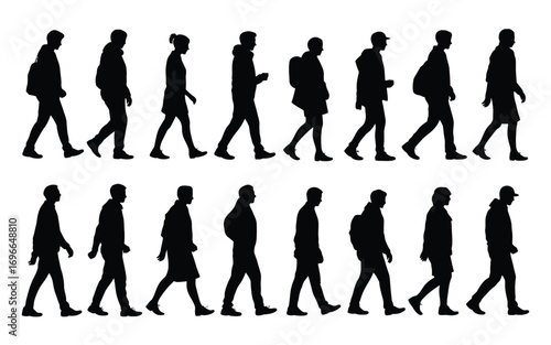 Vector art of silhouette of people walking, a collection of various silhouettes depicting individuals in motion, strolling, and commuting