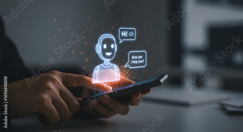 Hand using smartphone with glowing AI chatbot interface, asking 'How can I help you?'