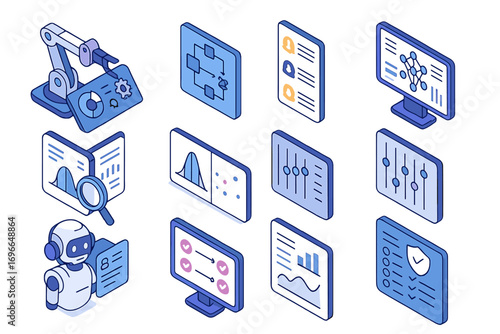 Data analytics flat icon set. machine learning, ai, visualization icons collection