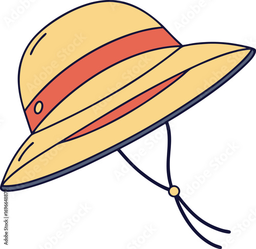 Vector art of a yellow straw hat with a red ribbon and chin strap, isolated on a