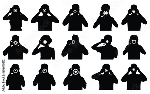 Vector art of silhouette of people taking pictures with camera vector illustration of men and women photographing with different devices